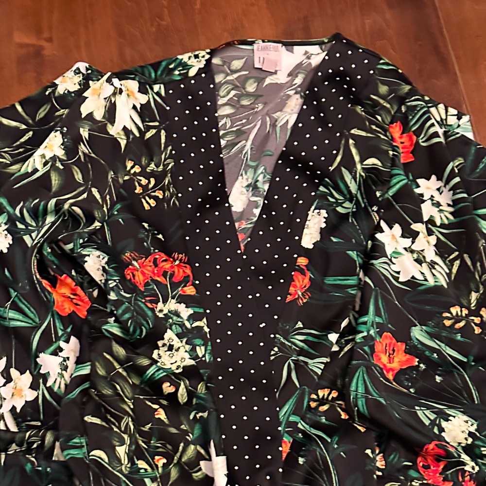 Black Floral Kimono with Polka Dot Trim